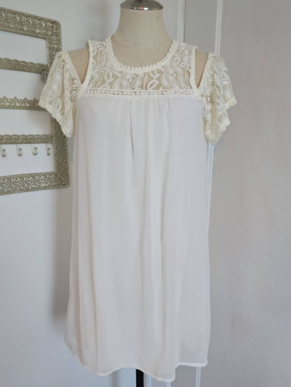 As U Wish Cream Lace Yoke Cold-Shoulder Chemise